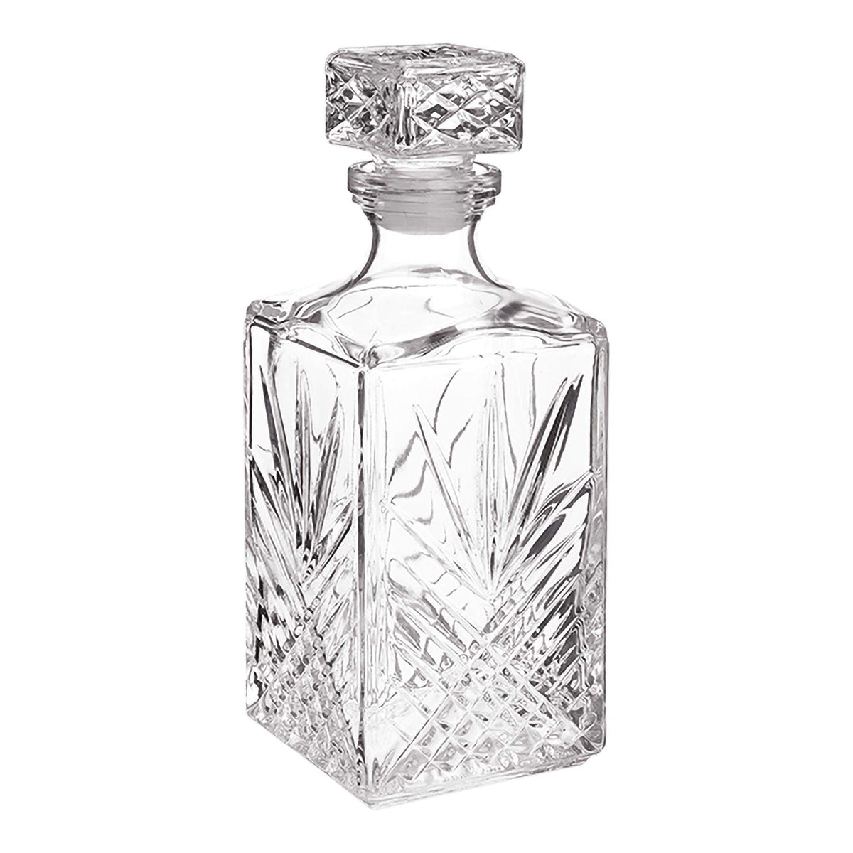 Bormioli Rocco Selecta decanter with starburst detailing enhancing light reflections.