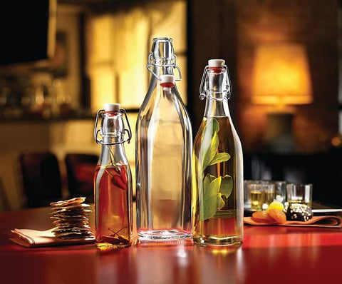 Bormioli Rocco Swing Top bottle kitchen organization in clear glass.