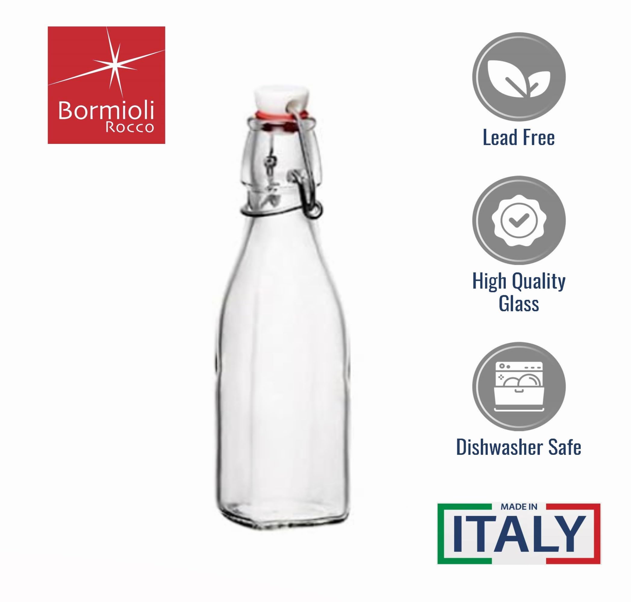 Bormioli Rocco Swing Top bottle labeled contents, ideal for sauces and infusions.