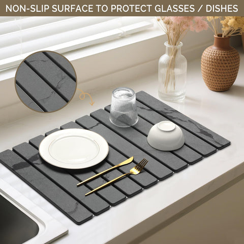 Bornerwhite diatomaceous earth absorbing mat dries dishes quickly and keeps counters dry.