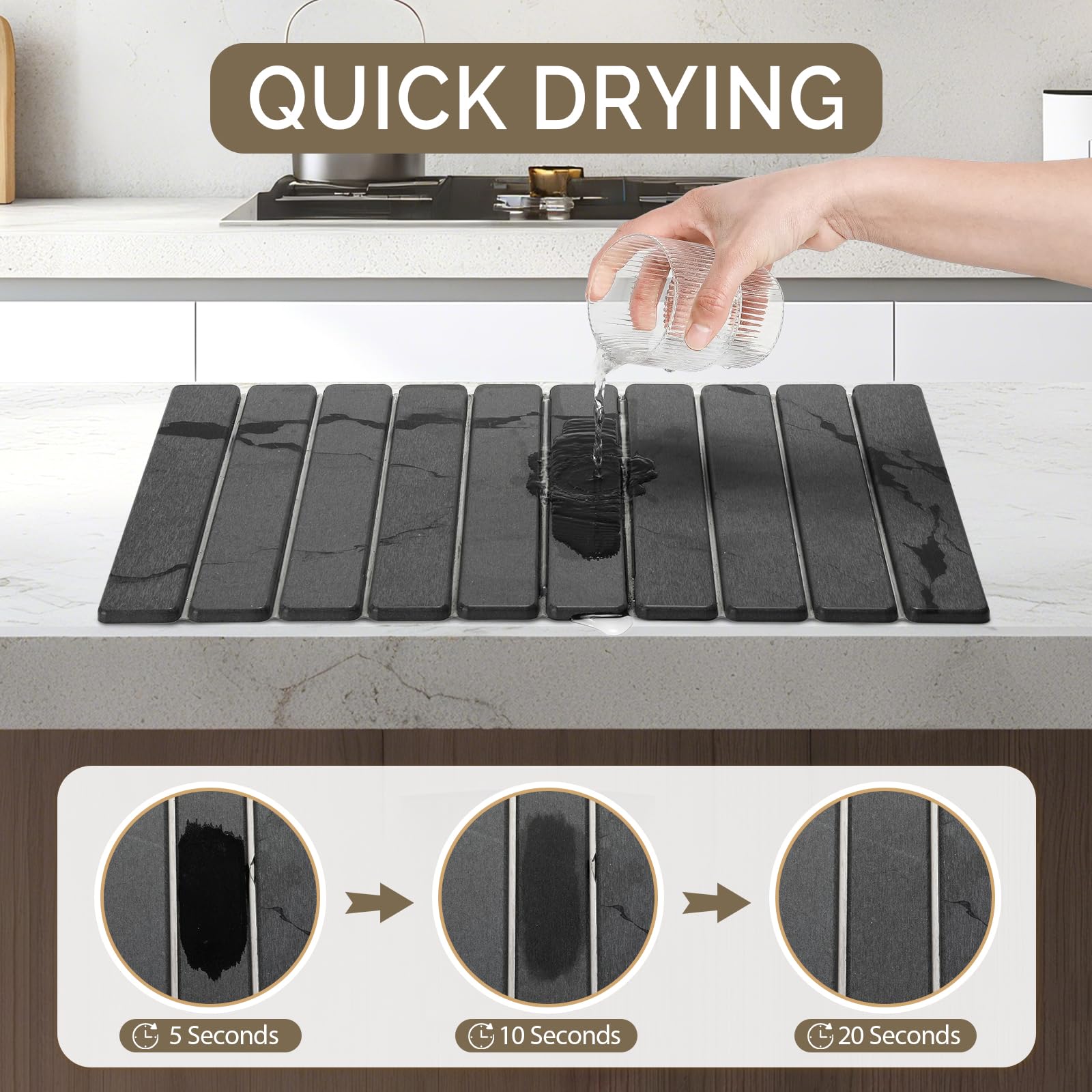 Bornerwhite marble-pattern drying mat adds luxury to kitchen counters.