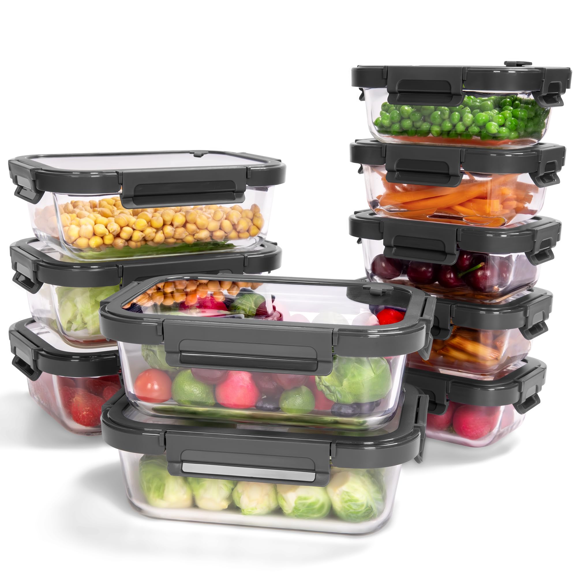 BOROHOUSE 10-pack glass containers with lids for organized leftovers and meal prep.