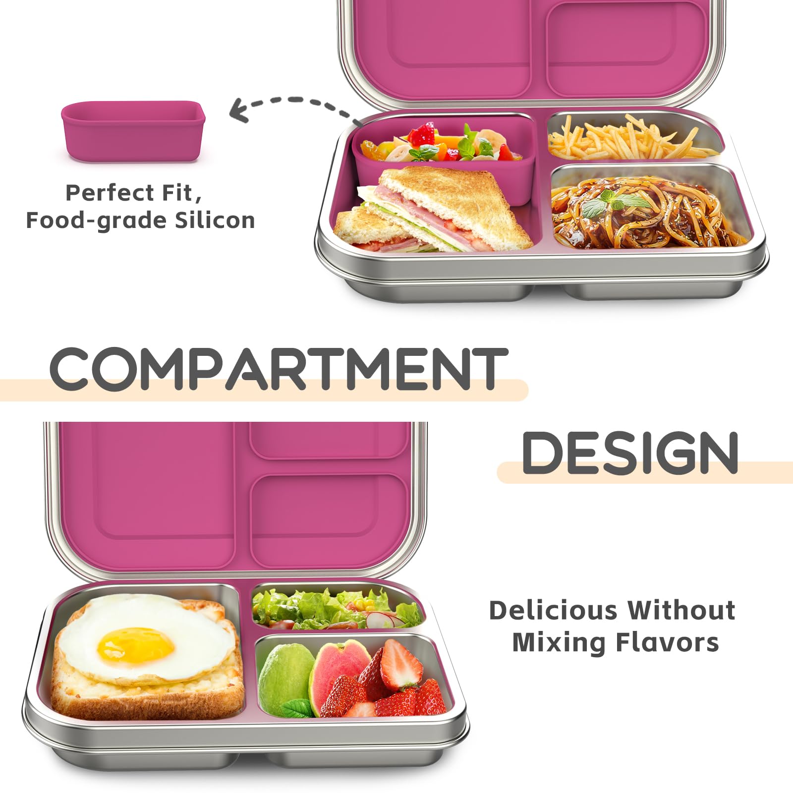 BOSEDSANG silicone container adds a fourth space for sauces or dips and easy portion control.