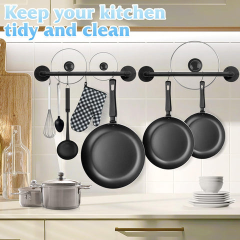 Boshangjia wall-mounted rack helps organize pots, pans, and lids neatly.