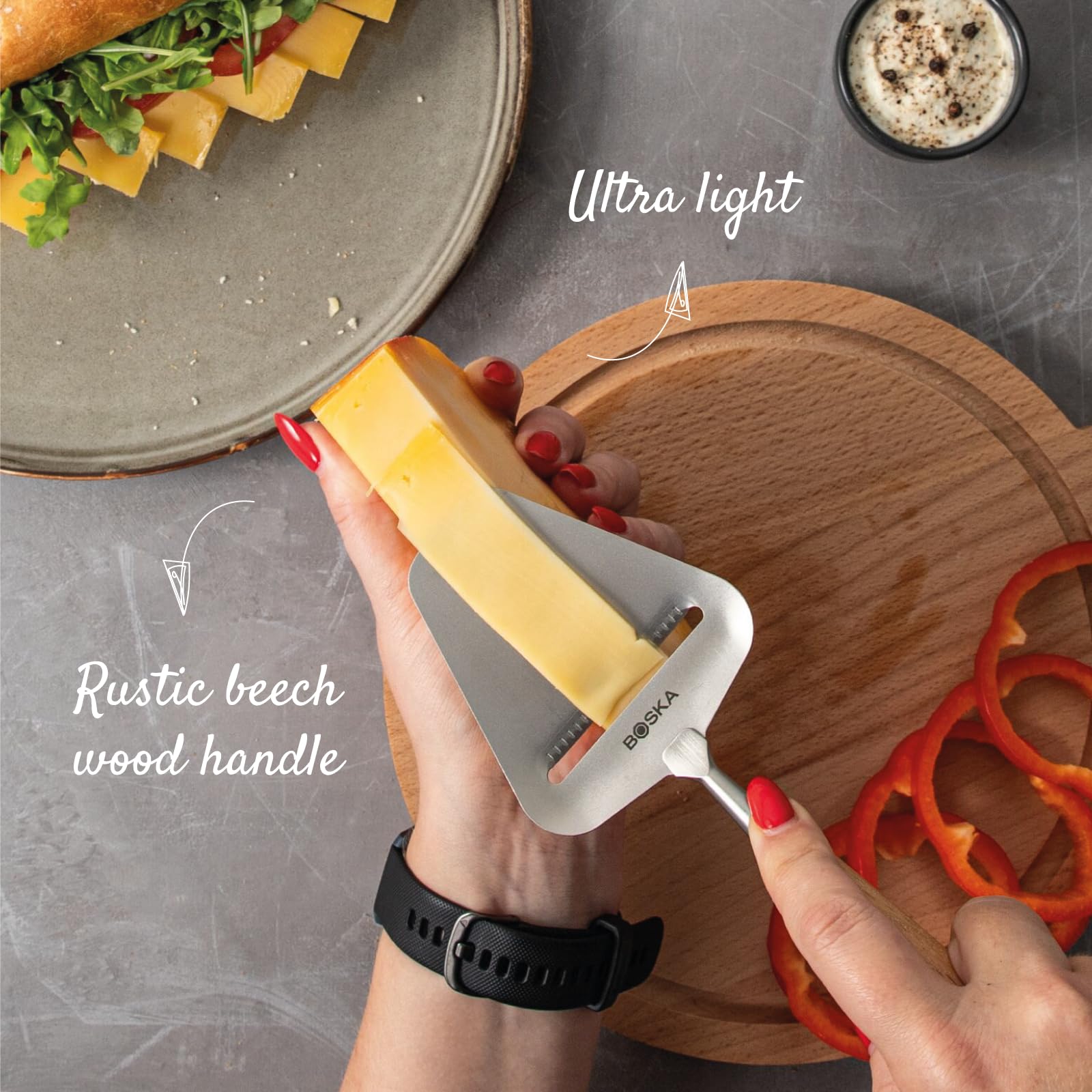Boska Amigo also slices firm vegetables like cucumbers smoothly.