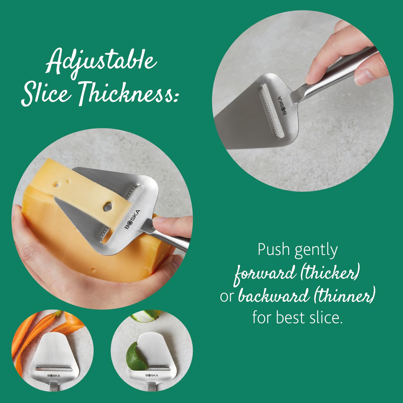 Boska Copenhagen cheese slicer slices carrots and vegetables evenly.