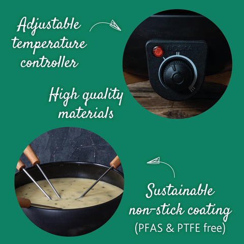 Boska fondue set with fondue dippers ready for dipping and sharing.