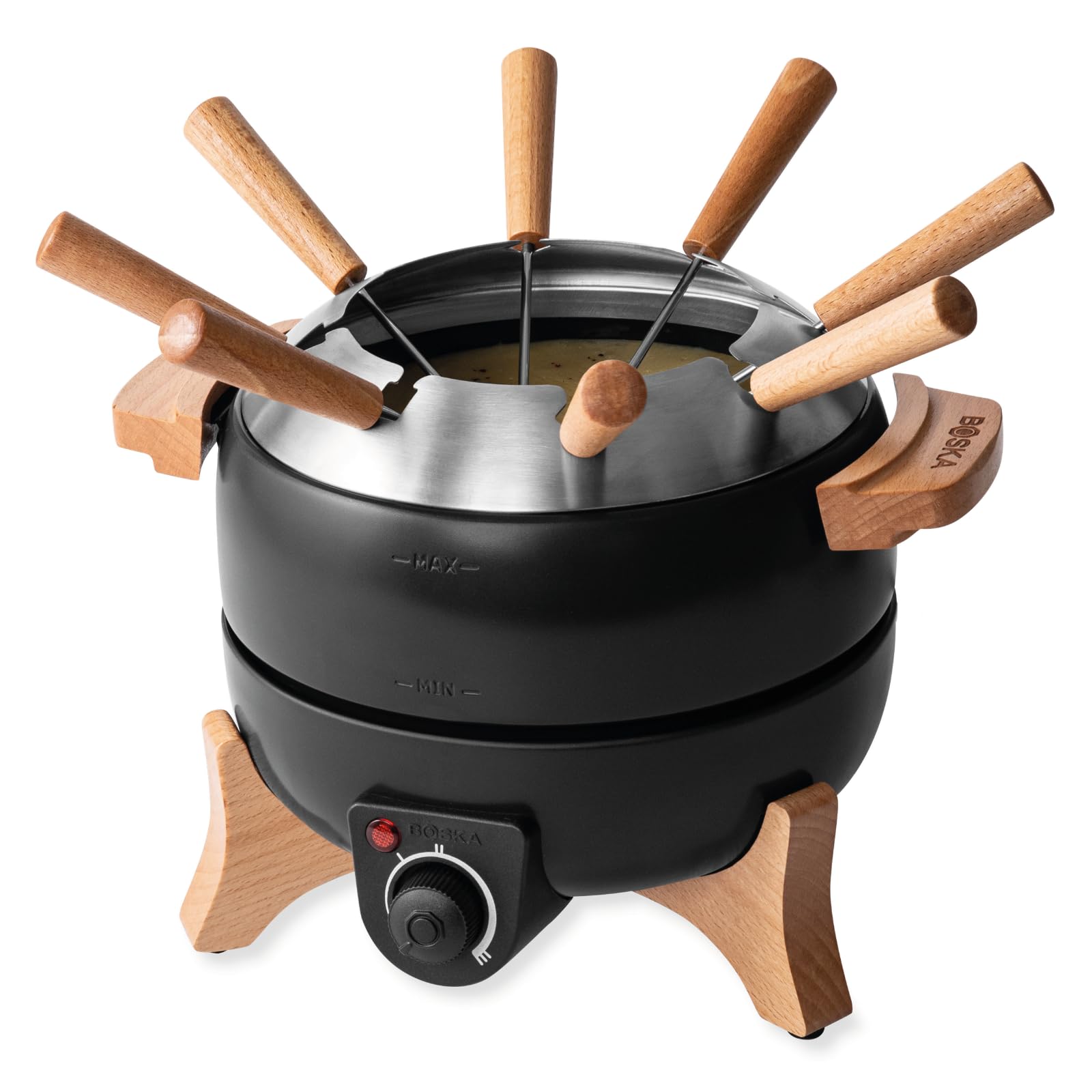 Boska Electric Fondue Set Party 2.3 L front view showing shared cheese and chocolate fondue.