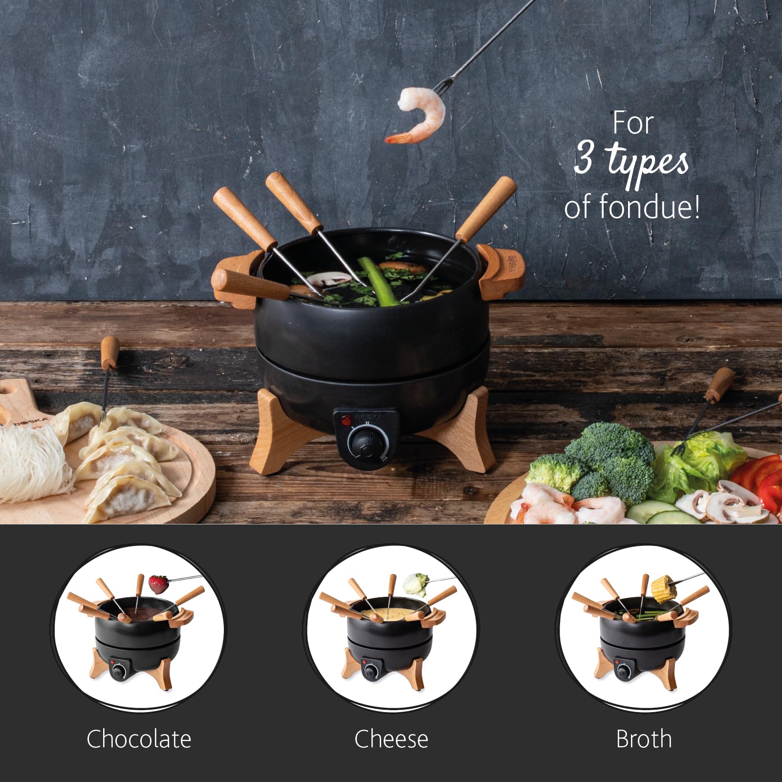 Boska electric fondue set with 8 forks and non-stick coating for easy serving.