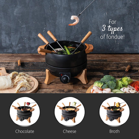 Boska electric fondue set with 8 forks and non-stick coating for easy serving.