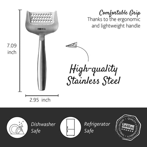 BOSKA grater demonstrates dishwasher-safe design for easy cleanup.