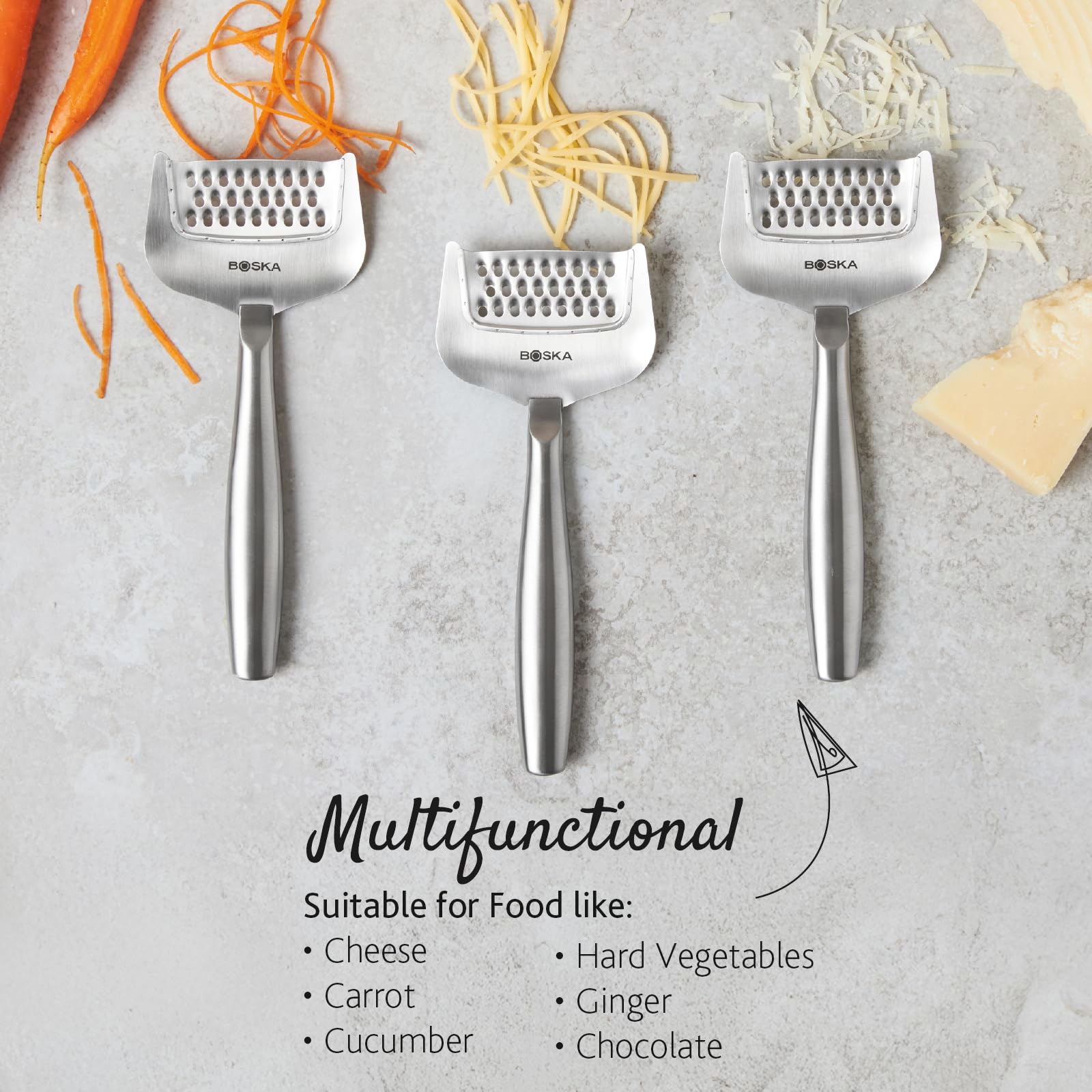 BOSKA grater highlights hollow handle for a lightweight grip.