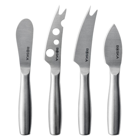 Boska stainless steel cheese knives four-piece set for precise cheese cutting.