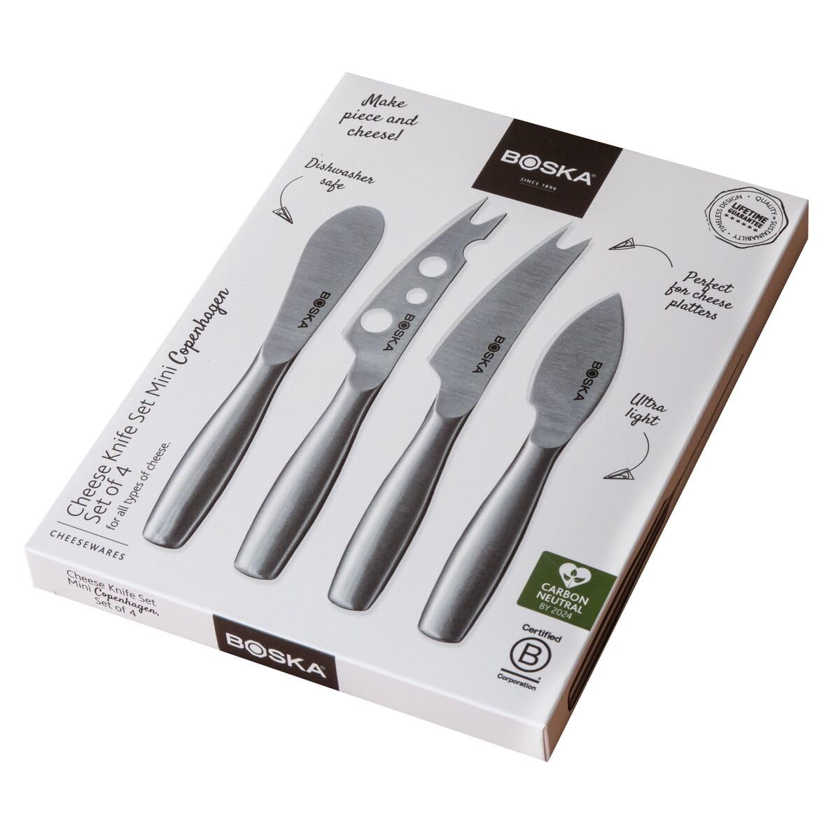 Close-up of sleek silver Boska knives.