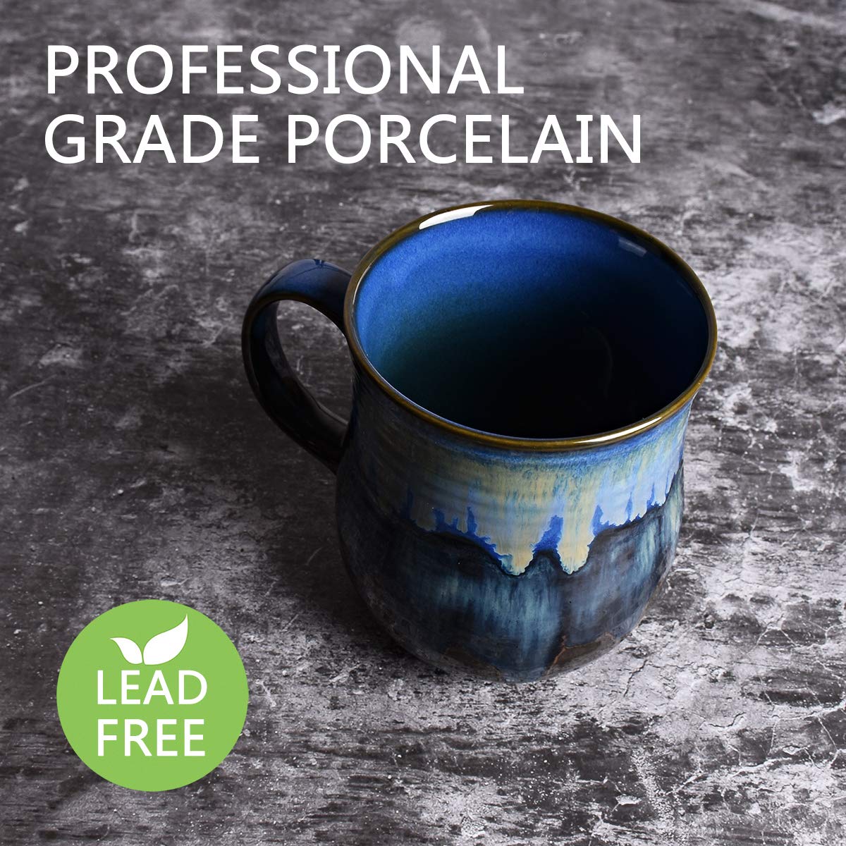 Bosmarlin large ceramic mug blue in hand, perfect for home or office use.