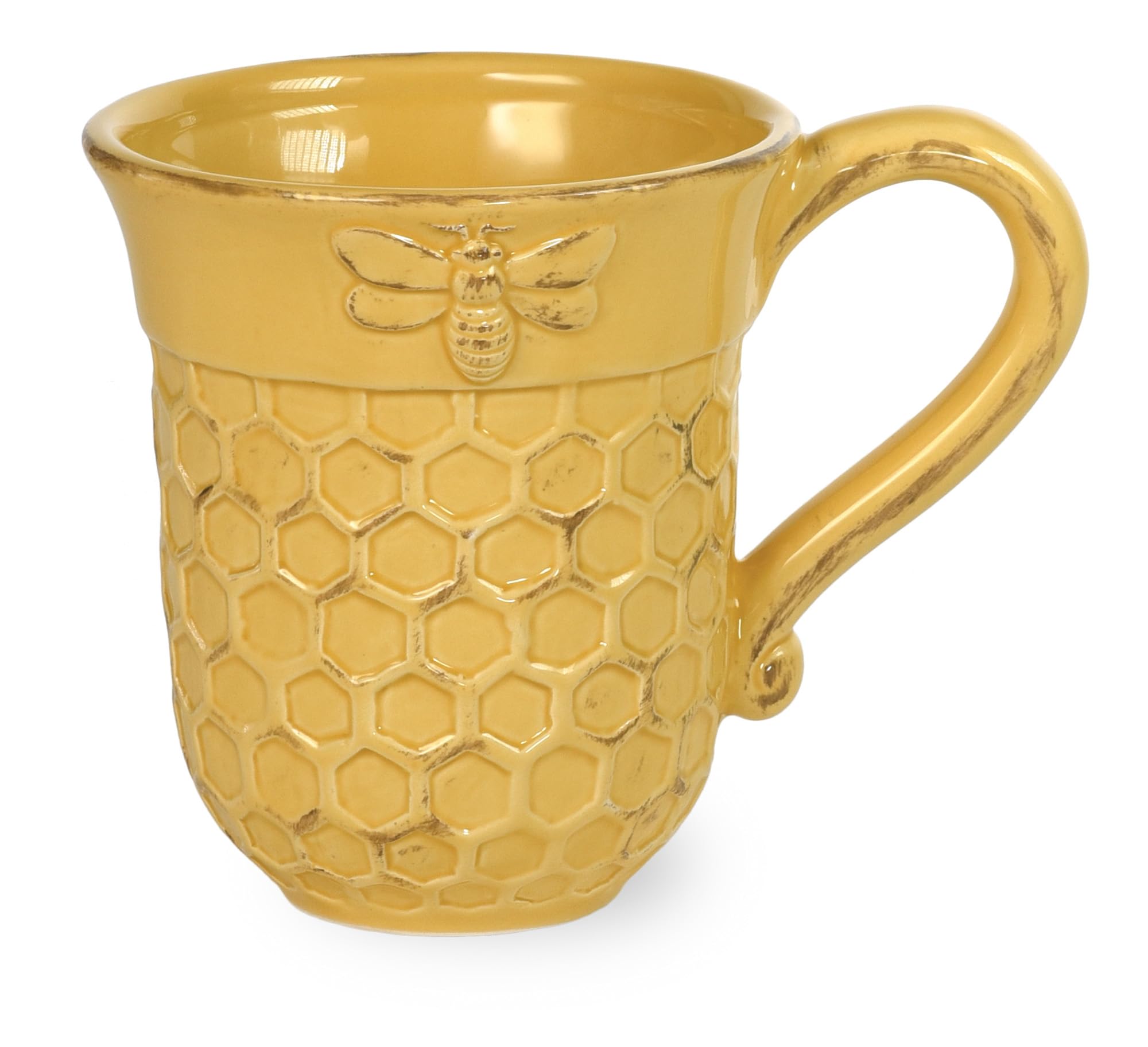 Boston International embossed ceramic mug with honeycomb pattern and bee, microwave safe.