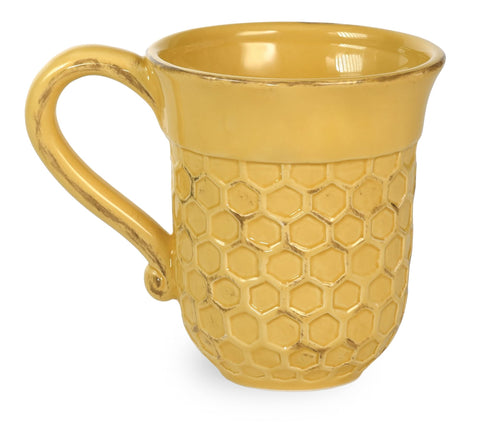 Honeycomb-pattern mug detail highlighting golden yellow glaze and distressed finish.