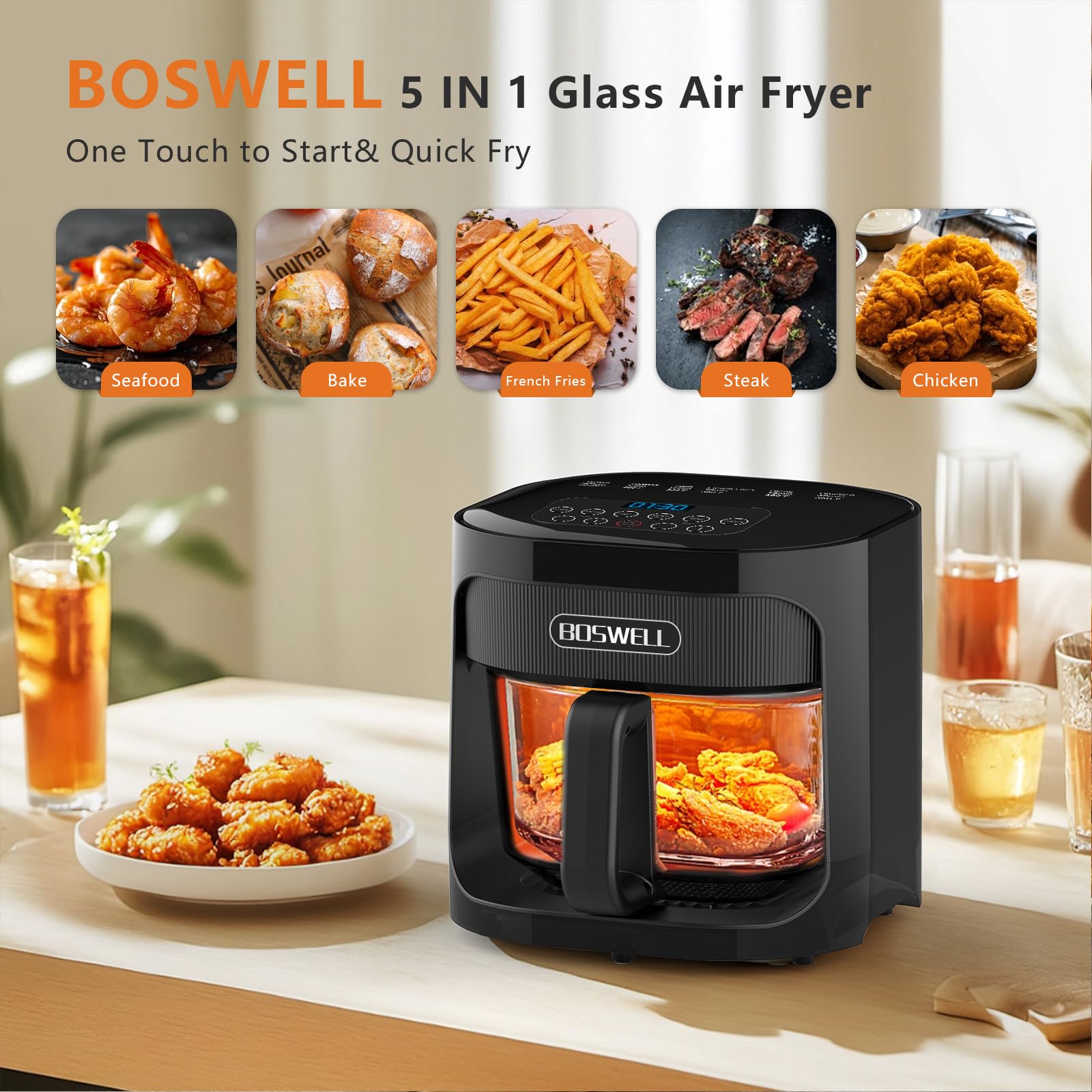 BOSWELL air fryer showing 360° circulation for even heating and less sticking.