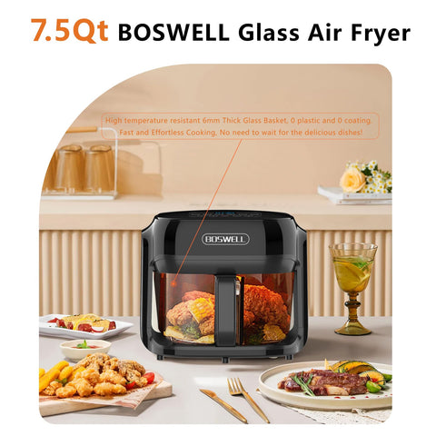 Boswell Glass Air Fryer 360° circulation ensures even cooking with less stirring.
