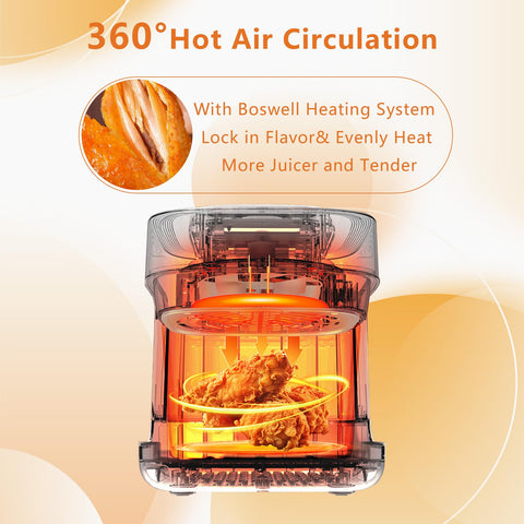 Boswell Glass Air Fryer 5 presets provide quick settings for seafood, fries, steak, chicken, bake.