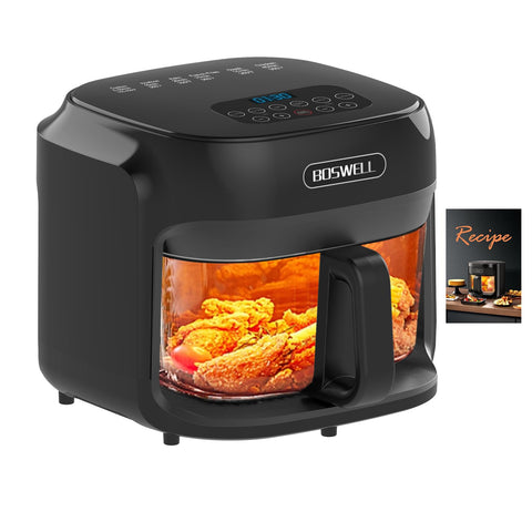 Boswell Glass Air Fryer exterior highlights 7.5 qt capacity for family meals.