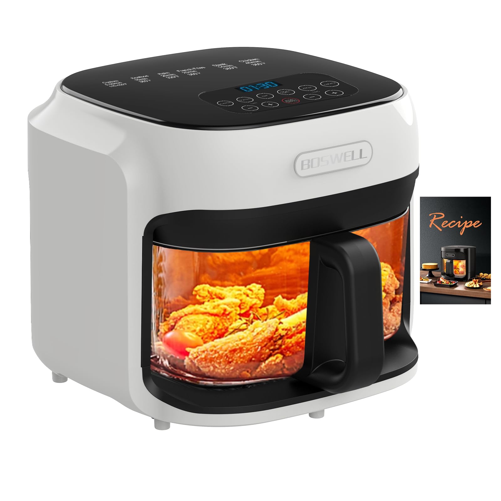 BOSWELL glass air fryer with transparent fry bowl for precise cooking.