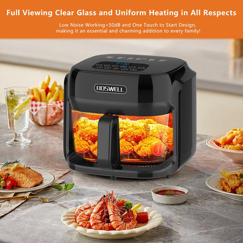 Boswell Glass Air Fryer dishwasher-safe components simplify cleanup after cooking.