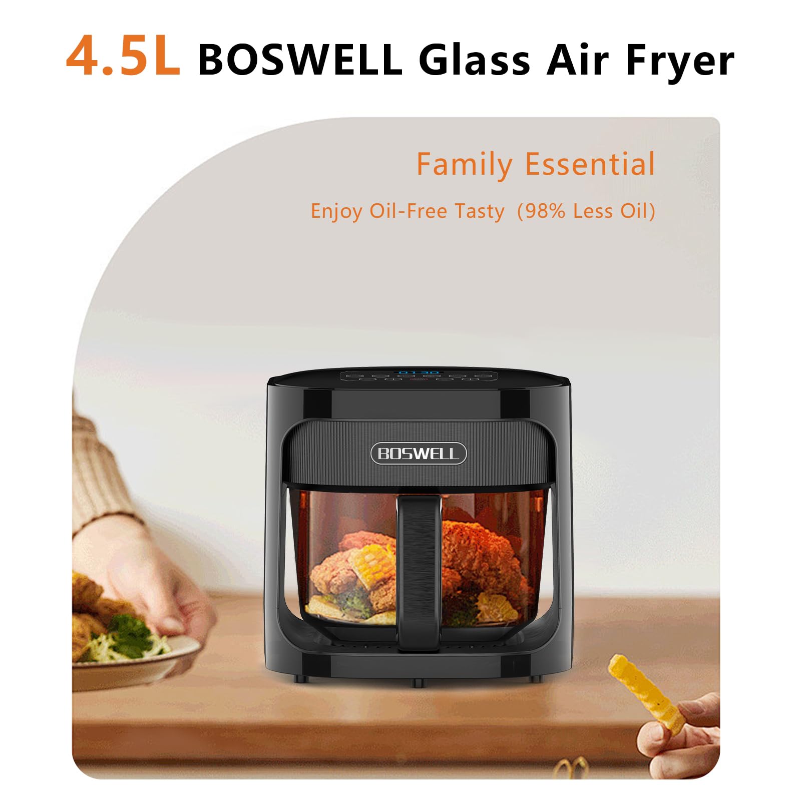 BOSWELL glass air fryer presets for seafood, fries, steak, and chicken.