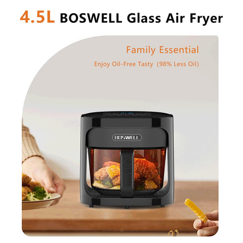 BOSWELL glass air fryer presets for seafood, fries, steak, and chicken.