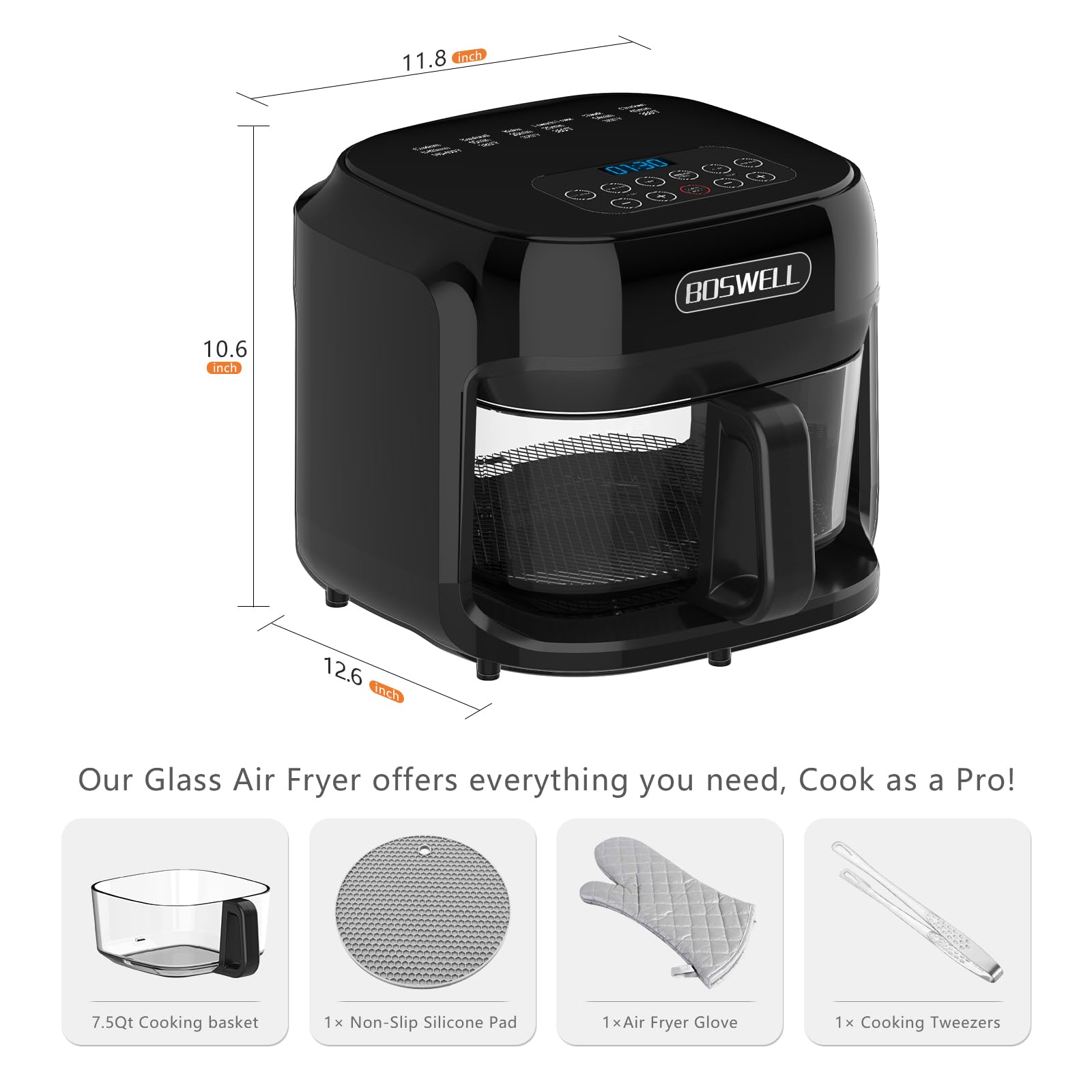 Boswell Glass Air Fryer rapid heating delivers meals in minutes for weeknights.