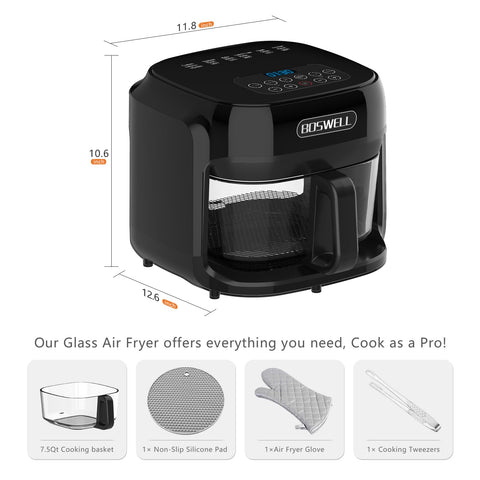 Boswell Glass Air Fryer rapid heating delivers meals in minutes for weeknights.