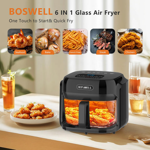 Boswell Glass Air Fryer transparent bowl for precise monitoring and even browning.