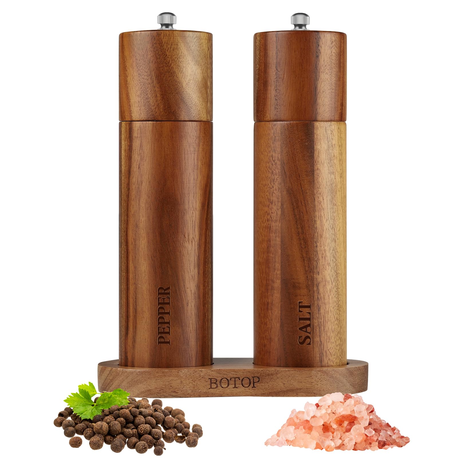 BOTOP 2-pack salt grinder with base enhances counter organization.
