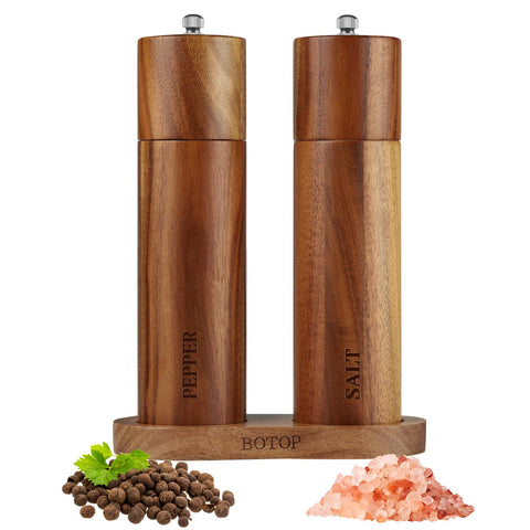 BOTOP 2-pack salt grinder with base enhances counter organization.
