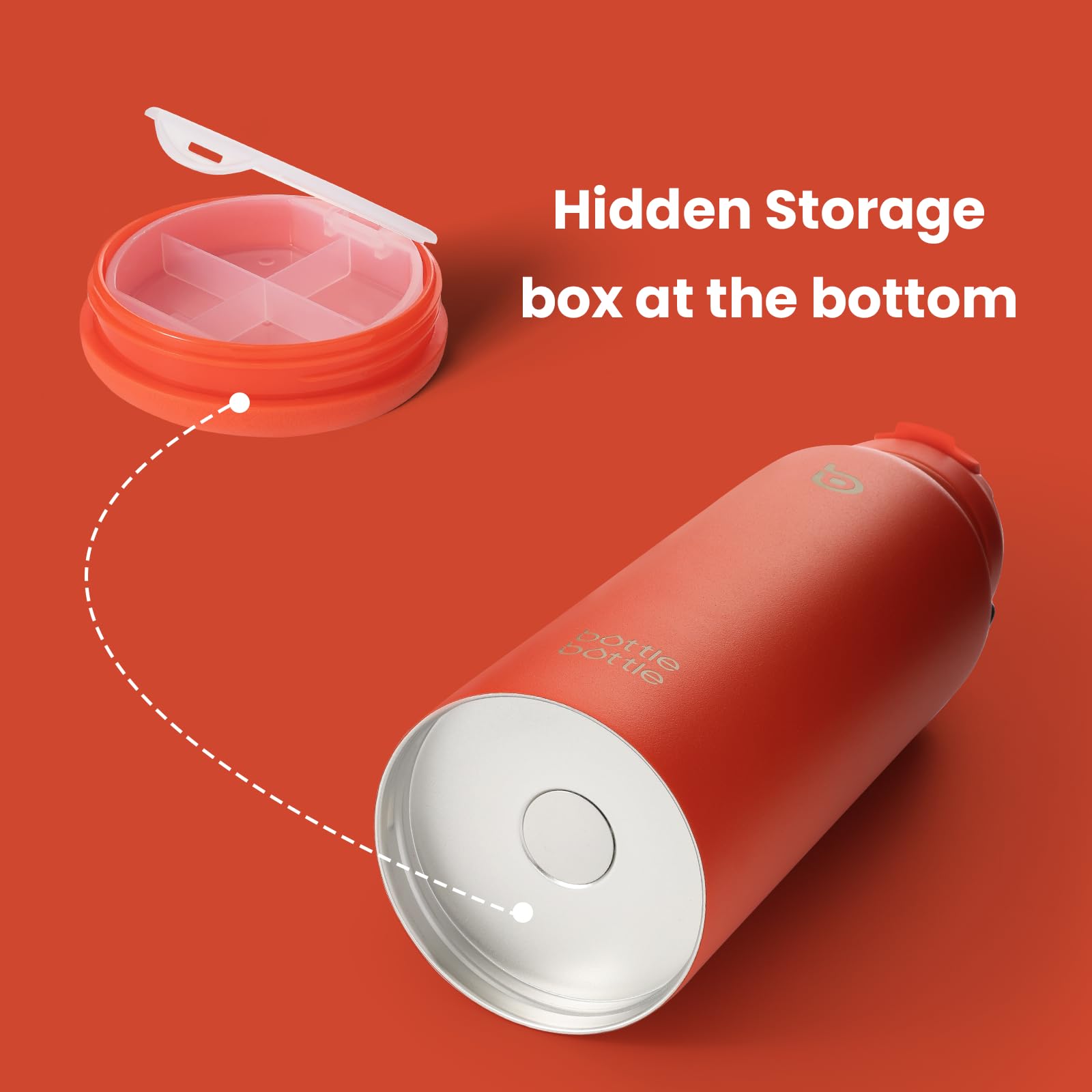 BOTTLE BOTTLE pill box feature stores vitamins securely while traveling.