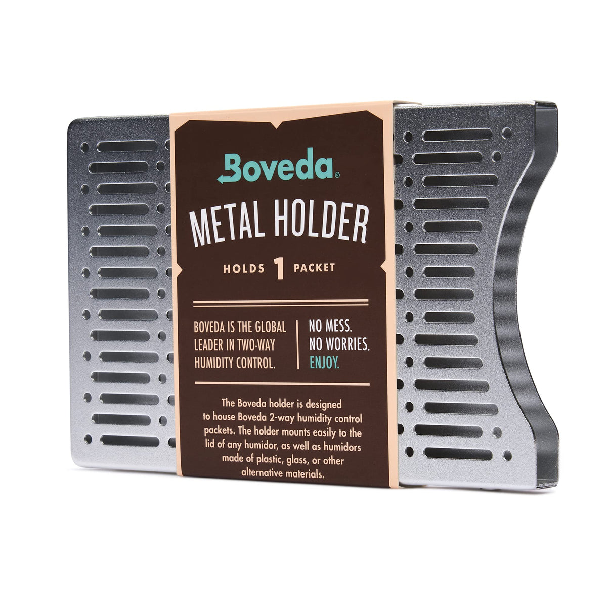 Boveda brushed aluminum humidity pack holder installed inside a storage box lid keeps sticks fresh.