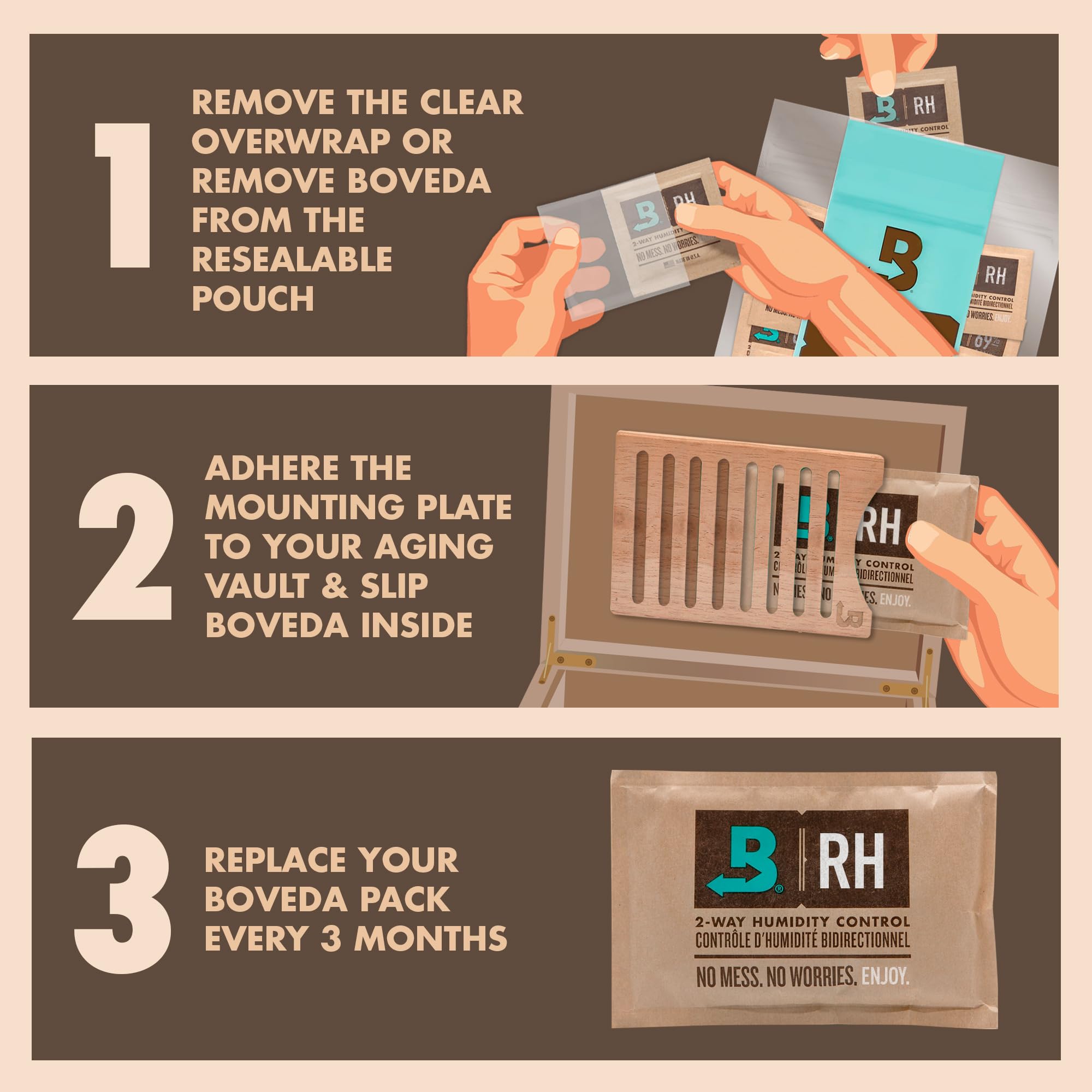 Boveda brushed aluminum humidity pack holder with magnetic mount provides secure, easy access in travel or desktop boxes.