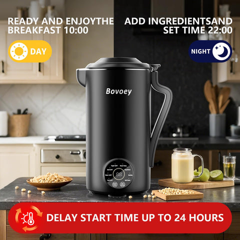 Bovoey Nut Milk Maker digital control panel showing delay start and settings.