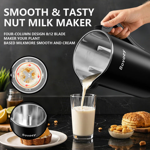 Bovoey Nut Milk Maker interior view with jar and blades for creamy plant-based milk.