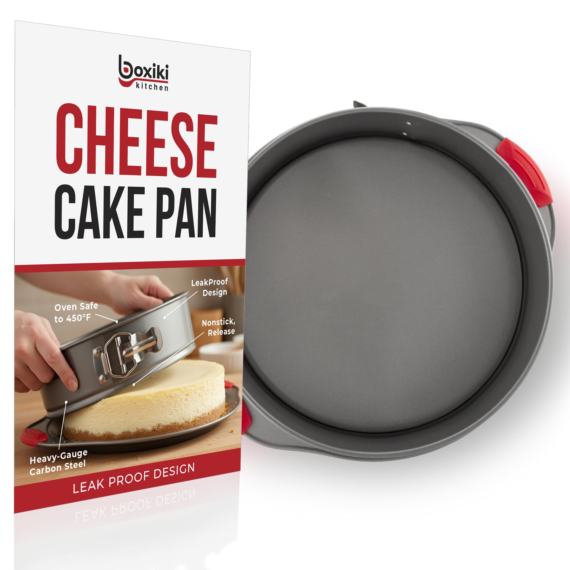 Boxiki Kitchen 10 Inch Springform Pan top view highlights even surface for easy release.