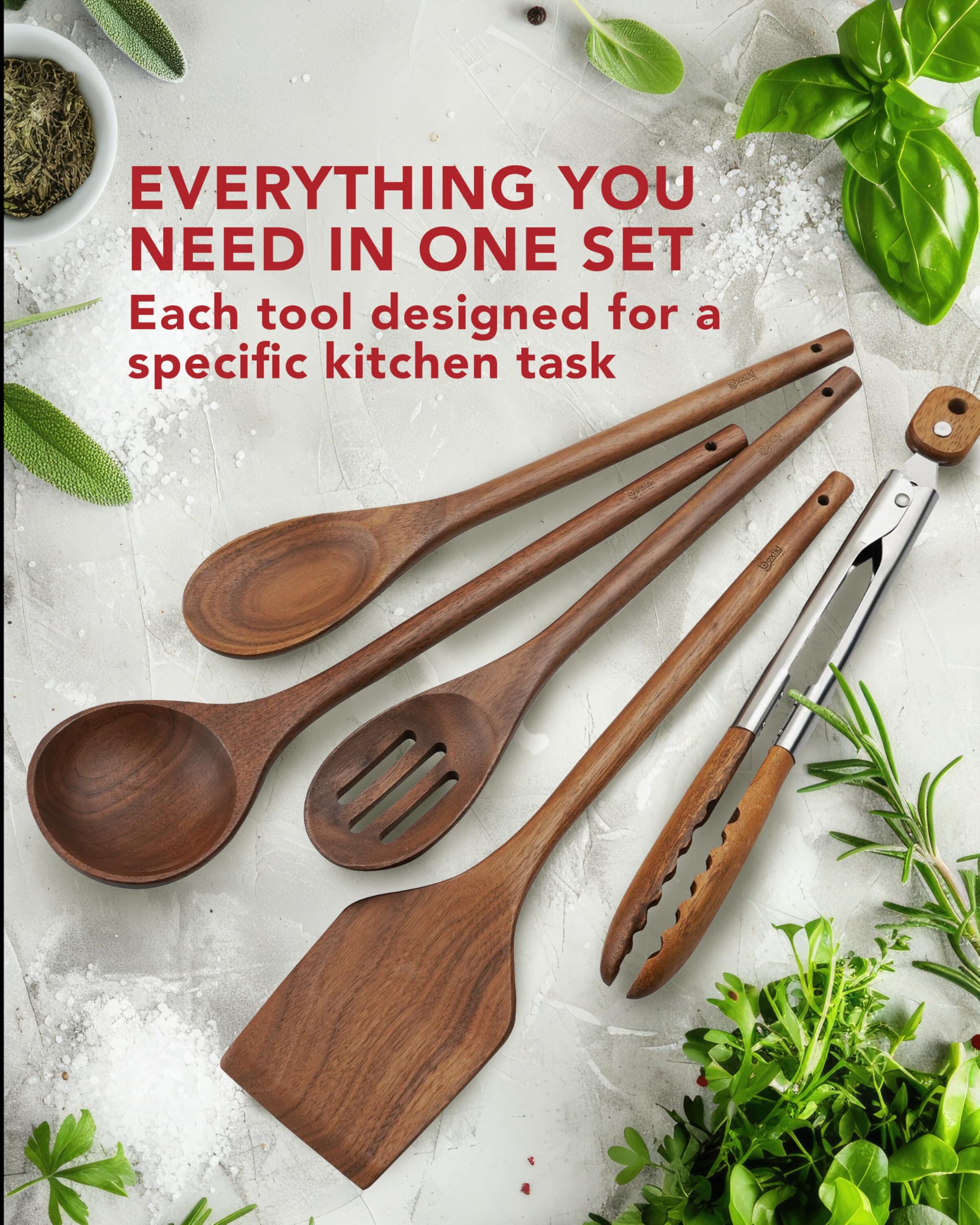 Boxiki Kitchen countertop display of lightweight walnut utensils for everyday use
