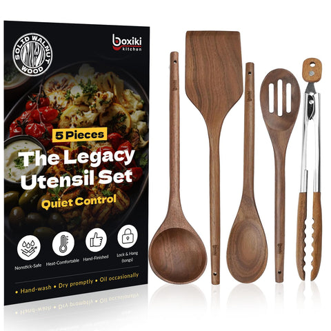 Boxiki Kitchen elegant 5-piece walnut utensil set on display with non-scratch design for non-stick cookware