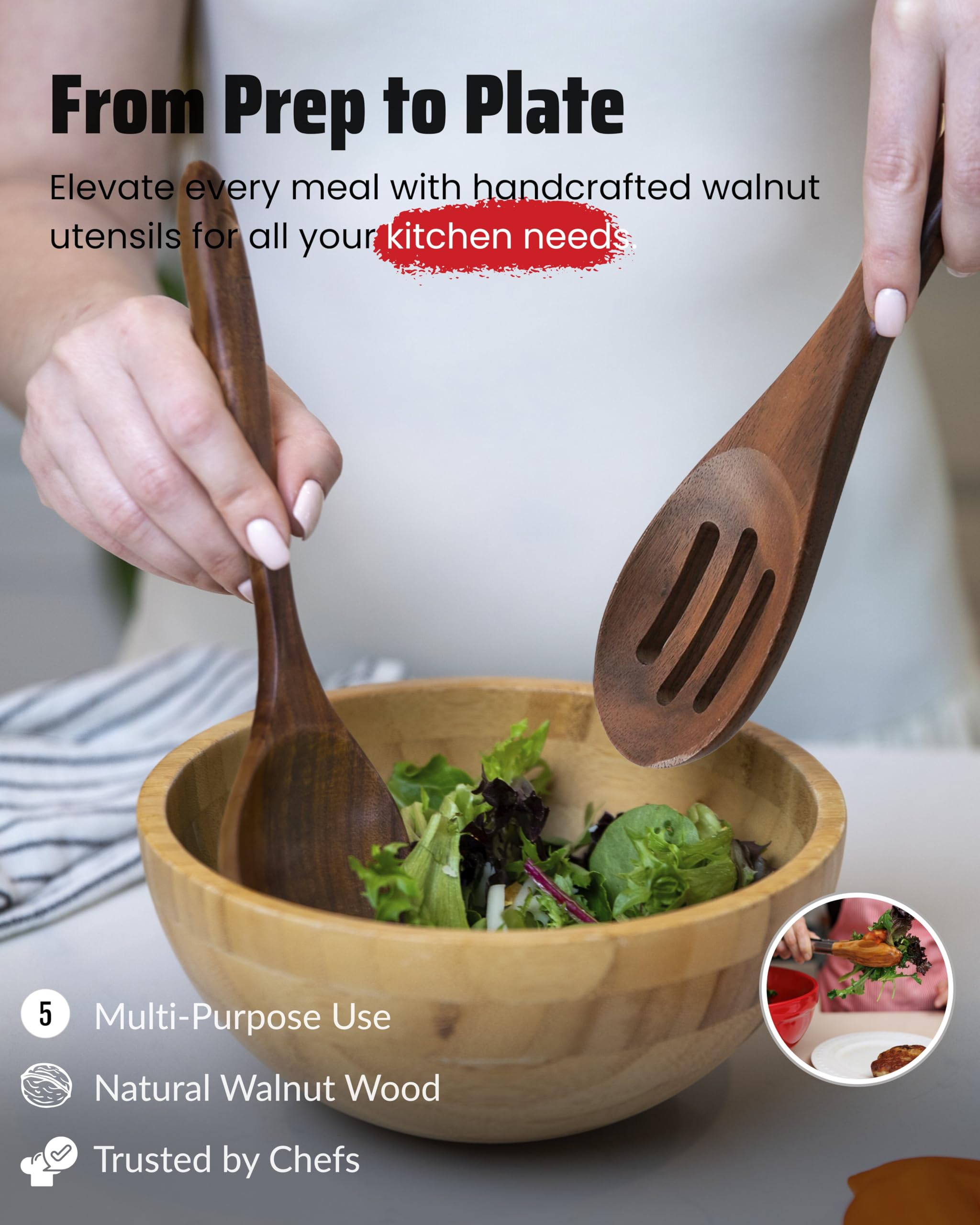 Boxiki Kitchen locking tongs in walnut for secure flipping and serving