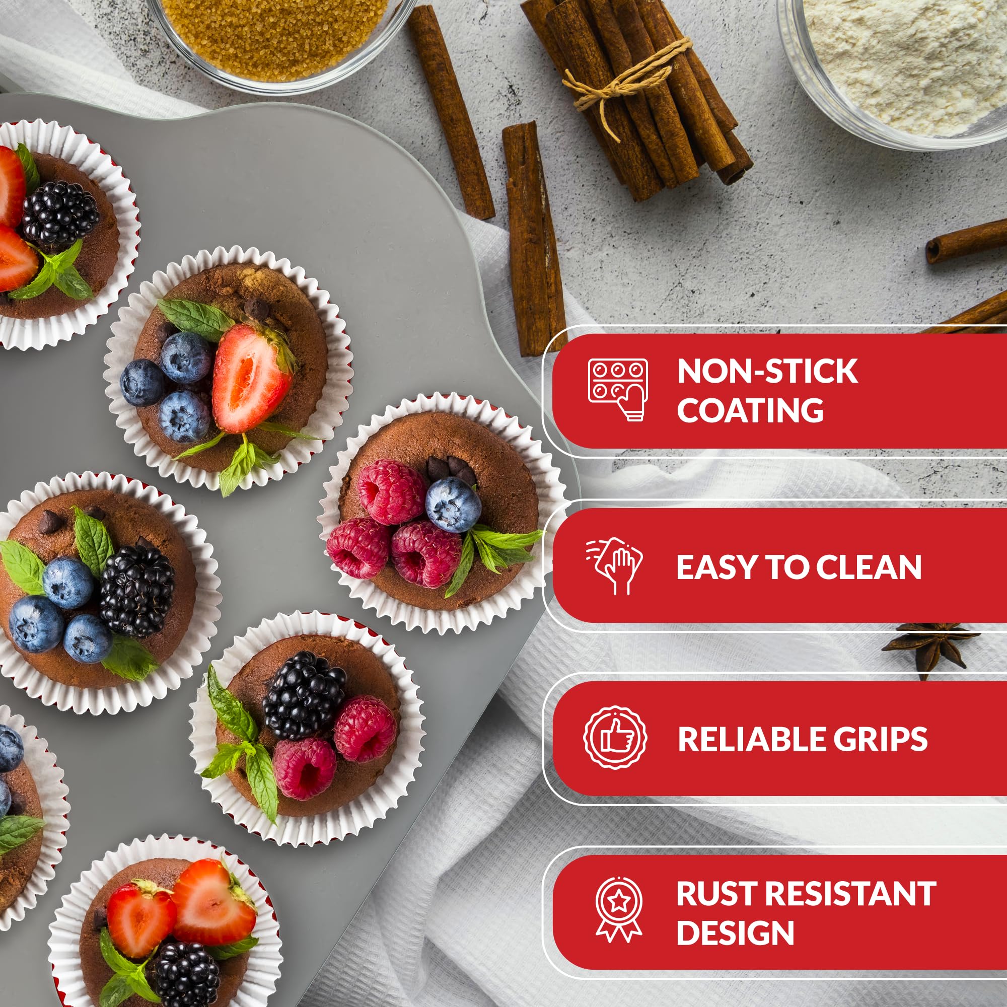 Boxiki Kitchen muffin pan is oven and dishwasher safe for versatile use