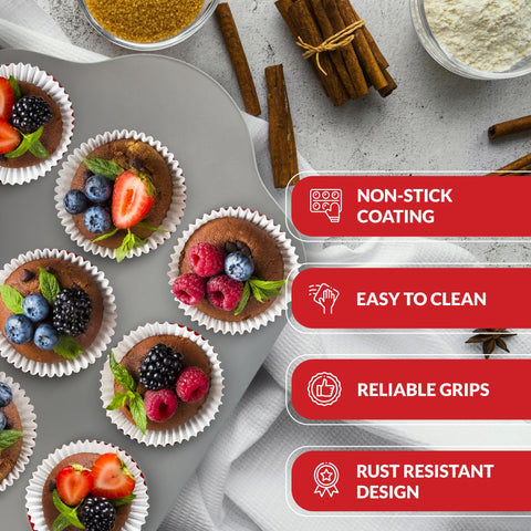 Boxiki Kitchen muffin pan is oven and dishwasher safe for versatile use