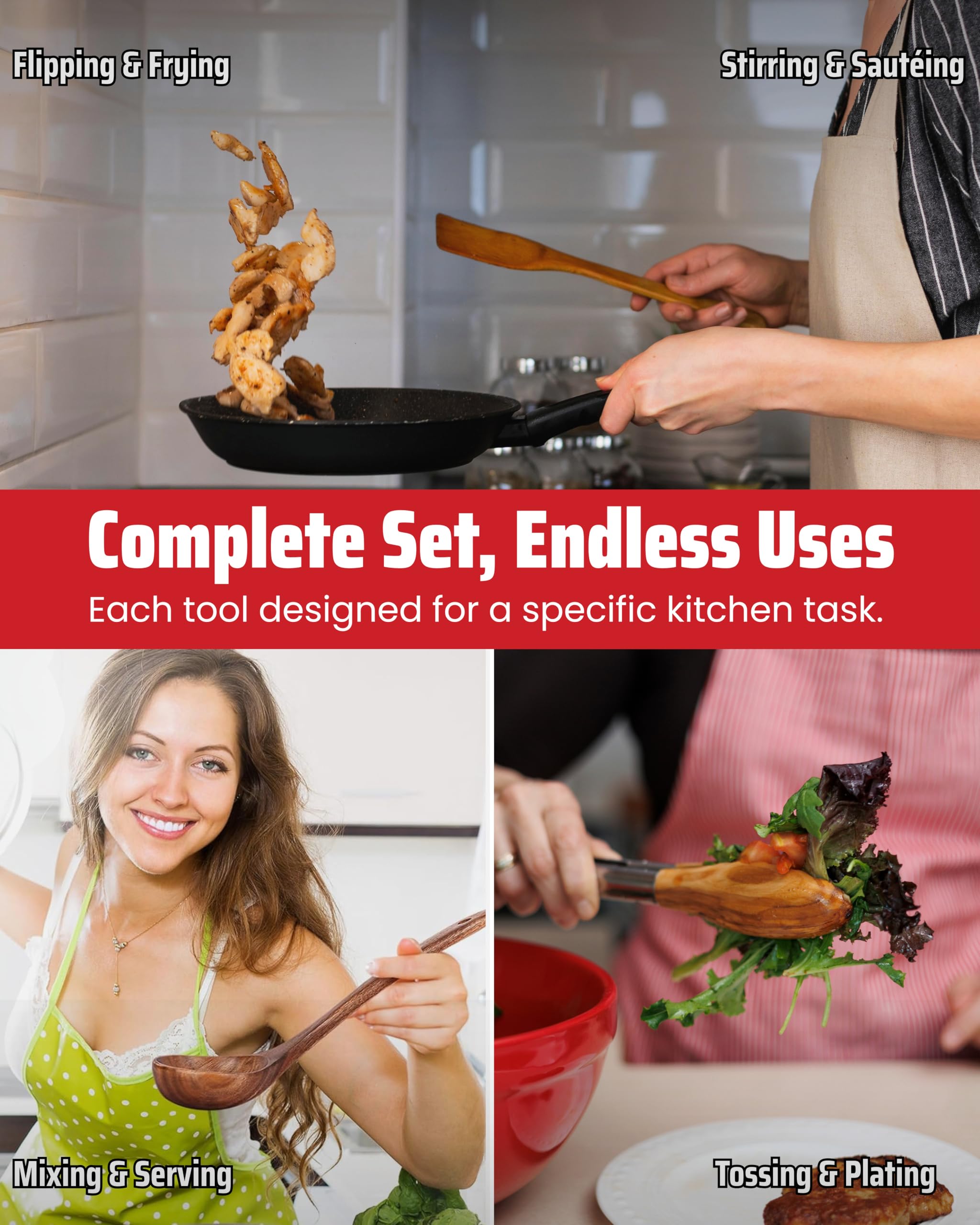 Boxiki Kitchen slotted spoon in walnut wood drains liquids while cooking