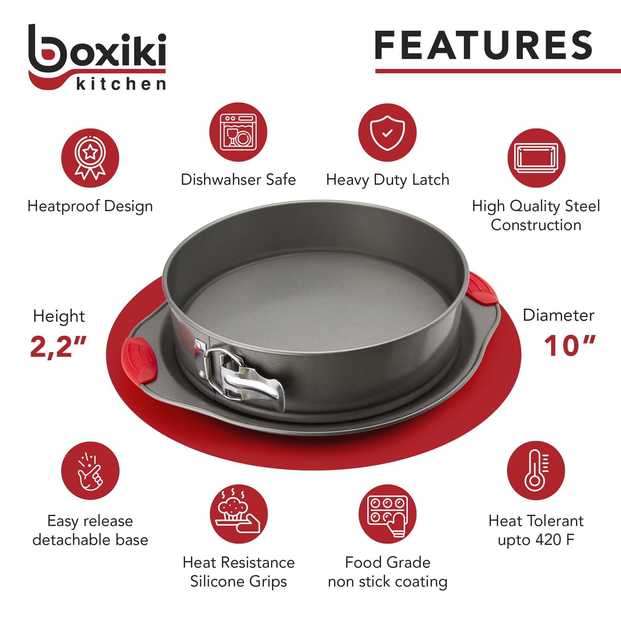 Boxiki Kitchen springform pan side handles close-up demonstrates comfortable red grip.