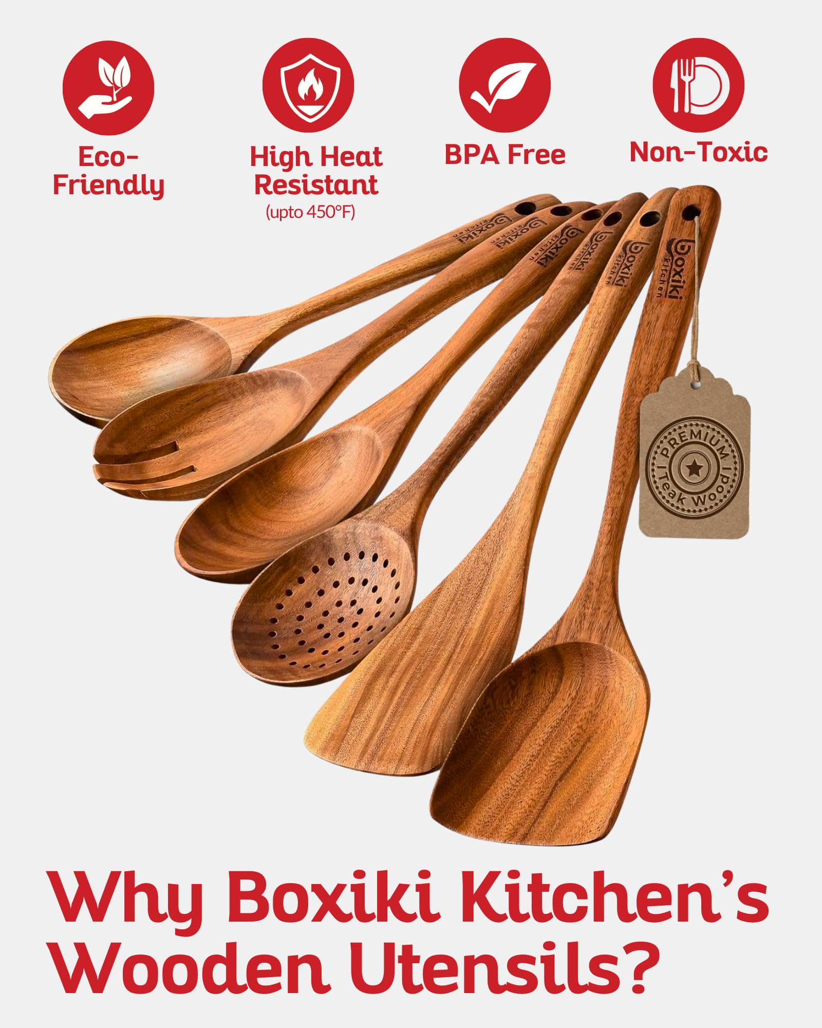 Boxiki Kitchen teak serving spoon for elegant, precise plating.