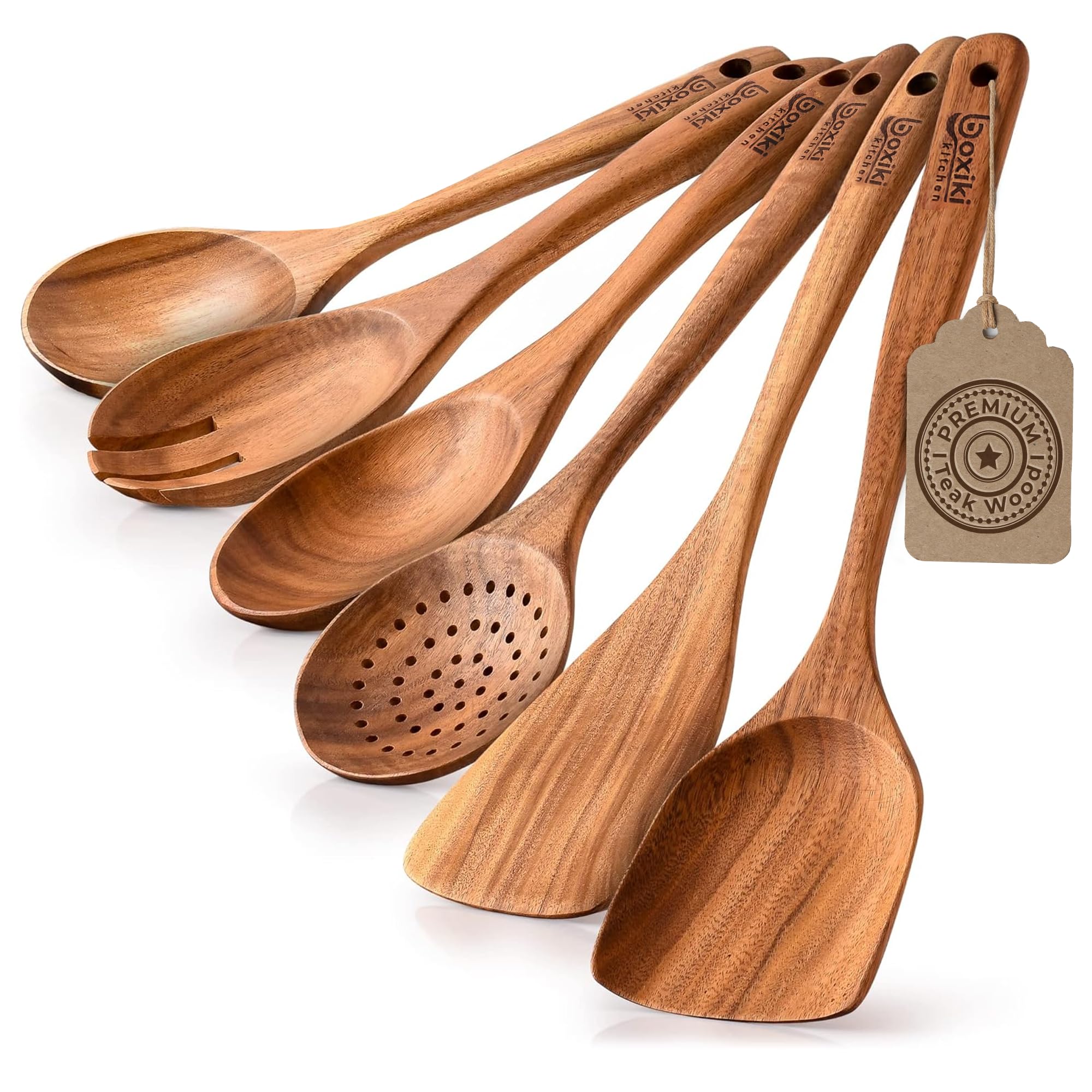 Boxiki Kitchen teak flat spatula ideal for flipping without scratching nonstick pans.