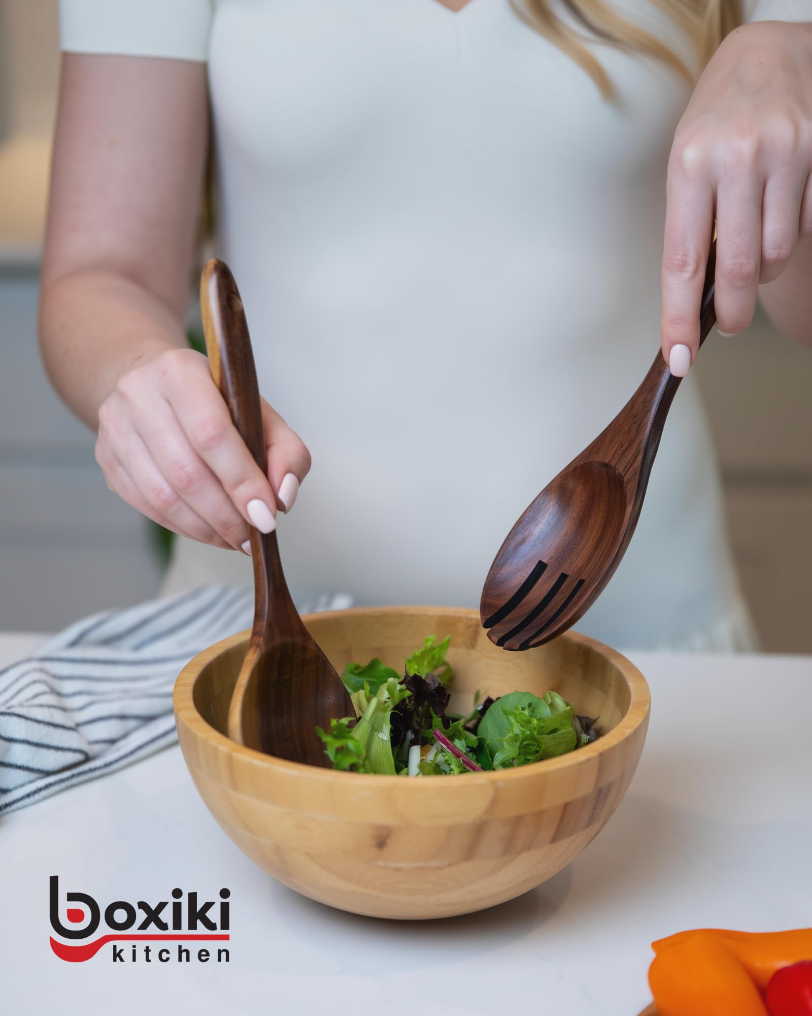 Boxiki Kitchen teak utensil set storage hanging option for organized kitchen.